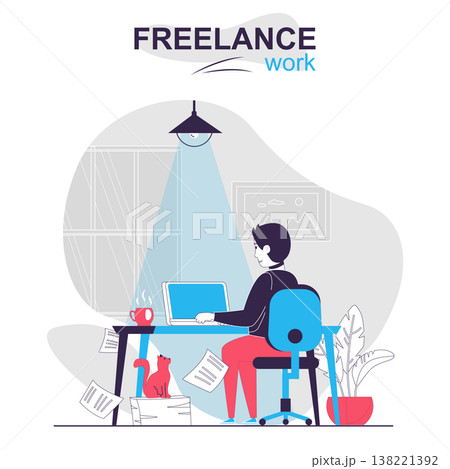 Freelance work isolated cartoon concept. Man freelancer working on laptop at home online people scene in flat design. Vector illustration for blogging, website, mobile app, promotional materials. 138221392