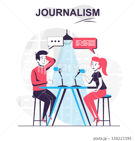 Journalism isolated cartoon concept. Journalist talks to guest of TV show and interviews, people scene in flat design. Vector illustration for blogging, website, mobile app, promotional materials. 138221395
