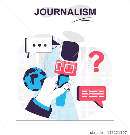 Journalism isolated cartoon concept. Journalist holding microphone at press conference, people scene in flat design. Vector illustration for blogging, website, mobile app, promotional materials. Journalism isolated cartoon concept. Journalist holding microphone at press conference, people scene in flat design. Vector illustration for blogging, website, mobile app, promotional materials. 138221397