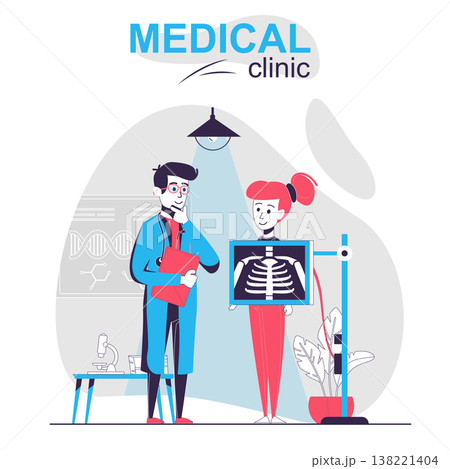 Medical clinic isolated cartoon concept. Woman makes chest x-ray, doctor examines patient, people scene in flat design. Vector illustration for blogging, website, mobile app, promotional materials. 138221404