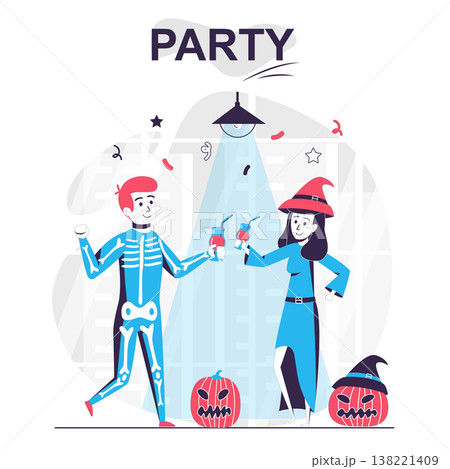 Party isolated cartoon concept. Man and woman celebrate Halloween, drink and have fun, people scene in flat design. Vector illustration for blogging, website, mobile app, promotional materials. 138221409