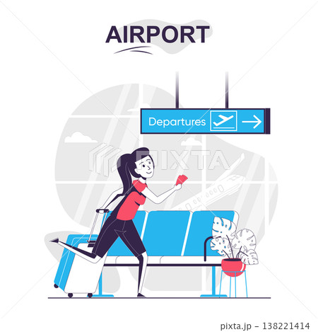Airport isolated cartoon concept. Woman with luggage hurries to board plane, traveling people scene in flat design. Vector illustration for blogging, website, mobile app, promotional materials. 138221414