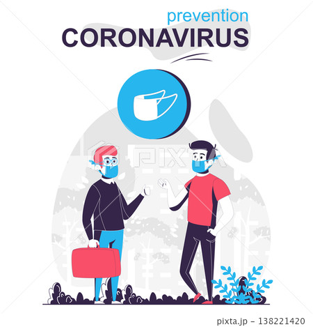 Prevention coronavirus isolated cartoon concept. Men in medical masks talks in public place, people scene in flat design. Vector illustration for blogging, website, mobile app, mobile site. 138221420