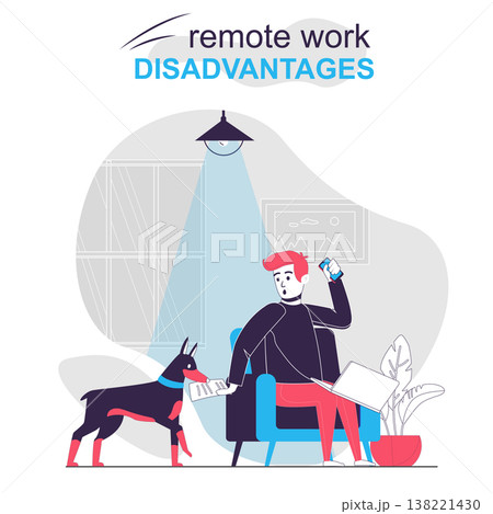 Remote work disadvantages isolated cartoon concept. Dog distracts man working at home, people scene in flat design. Vector illustration for blogging, website, mobile app, promotional materials. Remote work disadvantages isolated cartoon concept. Dog distracts man working at home, people scene in flat design. Vector illustration for blogging, website, mobile app, promotional materials. 138221430