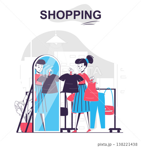 Shopping isolated cartoon concept. Woman buyer trying on clothes in fitting room at shop, people scene in flat design. Vector illustration for blogging, website, mobile app, promotional materials. 138221438