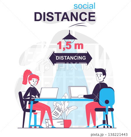 Social distance isolated cartoon concept. Man and woman distancing in office, coronavirus people scene in flat design. Vector illustration for blogging, website, mobile app, mobile site. 138221443