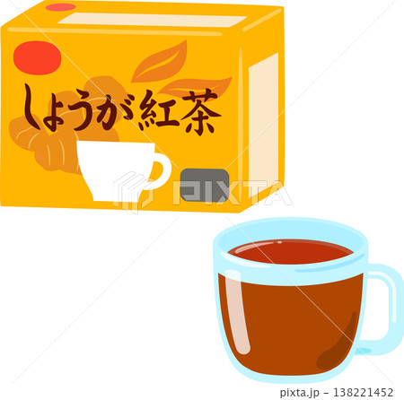 ショウガ紅茶の箱とガラスカップ入りのお茶 138221452