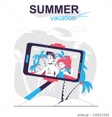 Summer vacation isolated cartoon concept. Couple taking selfie photo on beach, resting people scene in flat design. Vector illustration for blogging, website, mobile app, promotional materials. 138221502