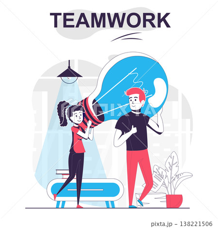 Teamwork isolated cartoon concept. Man and woman coming up with ideas, brainstorming together people scene in flat design. Vector illustration for blogging, website, mobile app, promotional materials. Teamwork isolated cartoon concept. Man and woman coming up with ideas, brainstorming together people scene in flat design. Vector illustration for blogging, website, mobile app, promotional materials. 138221506