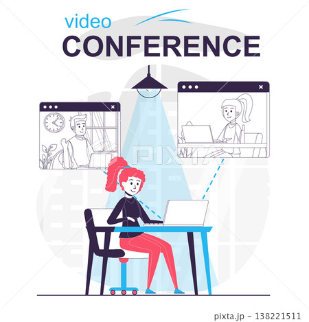 Video conference isolated cartoon concept. Woman talking to friends on video call by laptop, people scene in flat design. Vector illustration for blogging, website, mobile app, promotional materials. Video conference isolated cartoon concept. Woman talking to friends on video call by laptop, people scene in flat design. Vector illustration for blogging, website, mobile app, promotional materials. 138221511