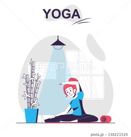 Yoga training isolated cartoon concept. Woman doing exercises and practicing asanas at gym, people scene in flat design. Vector illustration for blogging, website, mobile app, promotional materials. 138221520