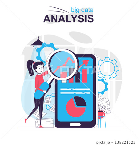 Big data analysis isolated cartoon concept. Woman analyzes business statistics in mobile app, people scene in flat design. Vector illustration for blogging, website, mobile app, promotional materials. Big data analysis isolated cartoon concept. Woman analyzes business statistics in mobile app, people scene in flat design. Vector illustration for blogging, website, mobile app, promotional materials. 138221523