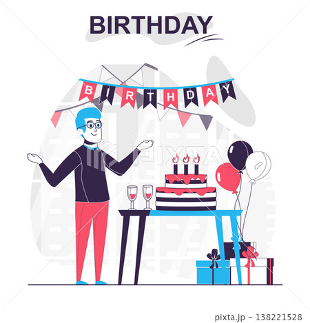 Birthday isolated cartoon concept. Man celebrating at party with cake, gifts and decor, people scene in flat design. Vector illustration for blogging, website, mobile app, promotional materials. Birthday isolated cartoon concept. Man celebrating at party with cake, gifts and decor, people scene in flat design. Vector illustration for blogging, website, mobile app, promotional materials. 138221528