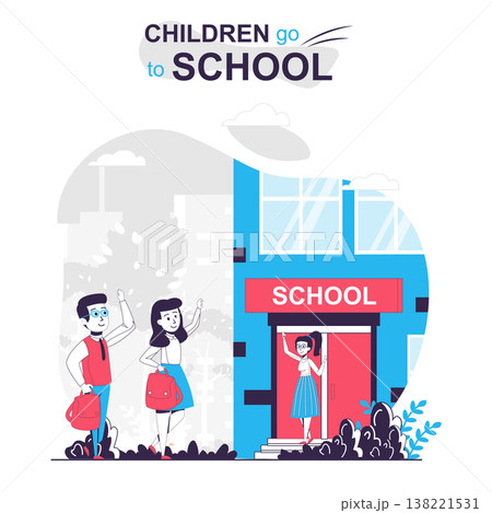 Children go to school isolated cartoon concept. Classmates go to class, teacher meets pupils, people scene in flat design. Vector illustration for blogging, website, mobile app, promotional materials. 138221531
