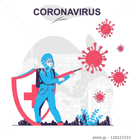 Coronavirus isolated cartoon concept. Medic disinfects and attacks virus, fights disease, people scene in flat design. Vector illustration for blogging, website, mobile app, mobile site. 138221533