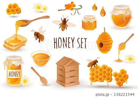 Honey production icon set in realistic 3d design. Bundle of bees, honeycomb, apiary, toast, beehive, jar with honey and other. Beekeeping collection. Vector illustration isolated on white background 138221544