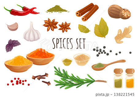Spices icon set in realistic 3d design. Bundle of chilli, cinnamon, garlic, ginger, rosemary, nutmeg, cloves, star anise and other. Cooking collection. Vector illustration isolated on white background Spices icon set in realistic 3d design. Bundle of chilli, cinnamon, garlic, ginger, rosemary, nutmeg, cloves, star anise and other. Cooking collection. Vector illustration isolated on white background 138221545