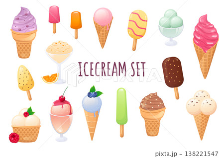 Ice cream icon set in realistic 3d design. Bundle of different types of summer desserts, with berries, topping and other. Delicious menu collection. Vector illustration isolated on white background 138221547