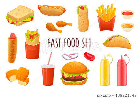 Fast food icon set in realistic 3d design. Bundle of sandwich, hot dog, fries, tacos, soda, hamburger, sauces and other. Unhealthy menu collection. Vector illustration isolated on white background Fast food icon set in realistic 3d design. Bundle of sandwich, hot dog, fries, tacos, soda, hamburger, sauces and other. Unhealthy menu collection. Vector illustration isolated on white background 138221548