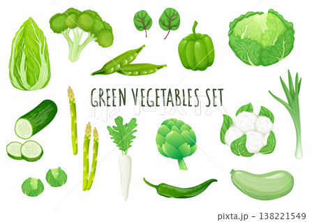 Green vegetables icon set in realistic 3d design. Bundle of cabbage, broccoli, peas, pepper, cucumber, zucchini and other. Vegetarian menu collection. Vector illustration isolated on white background Green vegetables icon set in realistic 3d design. Bundle of cabbage, broccoli, peas, pepper, cucumber, zucchini and other. Vegetarian menu collection. Vector illustration isolated on white background 138221549