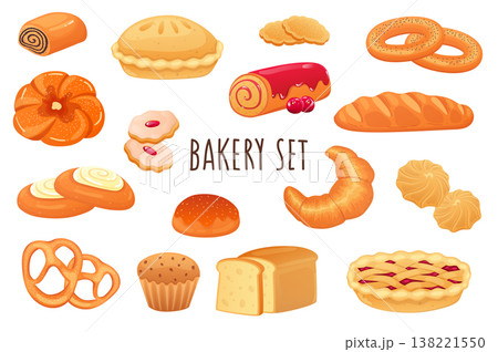 Bakery icon set in realistic 3d design. Bundle of sweet rolls, pie, cookies, muffins, croissant, fresh bread, bun and other. Baking menu collection. Vector illustration isolated on white background 138221550