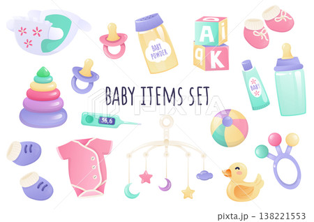 Baby items icon set in realistic 3d design. Bundle of diaper, pacifier, powder, cream, bottle, clothes, toys and other. Newborn accessory collection. Vector illustration isolated on white background Baby items icon set in realistic 3d design. Bundle of diaper, pacifier, powder, cream, bottle, clothes, toys and other. Newborn accessory collection. Vector illustration isolated on white background 138221553