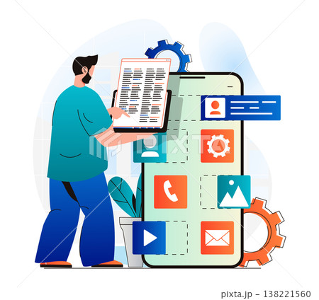 App development concept in modern flat design. Programmer coding program code, programming and testing software. Developer places buttons at layout of application mobile screen. Vector illustration 138221560