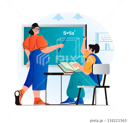 Education concept in modern flat design. Teacher explains lesson at blackboard, pupil pulls hand up. Student studies textbook sitting in classroom, learning at school or college. Vector illustration Education concept in modern flat design. Teacher explains lesson at blackboard, pupil pulls hand up. Student studies textbook sitting in classroom, learning at school or college. Vector illustration 138221563