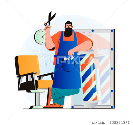 Barbershop concept in modern flat design. Professional hairdresser or barber hold scissors and wait for clients. Hair care procedures, fashionable haircut and hairstyle in salon. Vector illustration Barbershop concept in modern flat design. Professional hairdresser or barber hold scissors and wait for clients. Hair care procedures, fashionable haircut and hairstyle in salon. Vector illustration 138221571