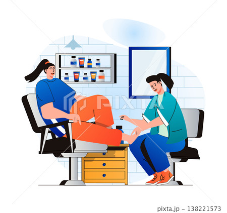 Beauty salon concept in modern flat design. Master makes fashion pedicure for client in female salon. Woman customer get professional nail toes service and cosmetology procedure. Vector illustration 138221573