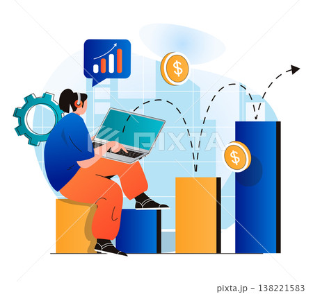Business growth concept in modern flat design. Businesswoman working at laptop, analysis data and statistics. Financial success, profit growth, achievement of career goals. Vector illustration Business growth concept in modern flat design. Businesswoman working at laptop, analysis data and statistics. Financial success, profit growth, achievement of career goals. Vector illustration 138221583