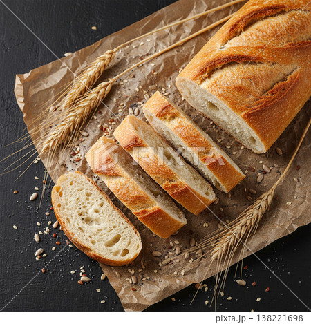 Sliced baguette bread on parchment Sliced baguette bread on parchment 138221698