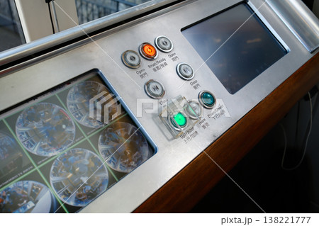 Tram funicular railway operator control panel with buttons and monitor inside driver cabin Tram funicular railway operator control panel with buttons and monitor inside driver cabin 138221777