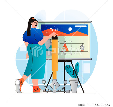 Design studio concept in modern flat design. Woman designer creates graphic elements and works with fonts using pen tools. Illustrator drawing pictures and site content in studio. Vector illustration Design studio concept in modern flat design. Woman designer creates graphic elements and works with fonts using pen tools. Illustrator drawing pictures and site content in studio. Vector illustration 138222223