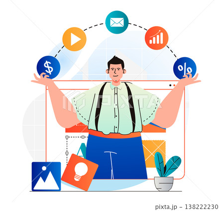 Digital marketing concept in modern flat design. Man uses marketing tools, email newsletters, discounts and attracts new customers. Online promotion and advertising campaign. Vector illustration Digital marketing concept in modern flat design. Man uses marketing tools, email newsletters, discounts and attracts new customers. Online promotion and advertising campaign. Vector illustration 138222230