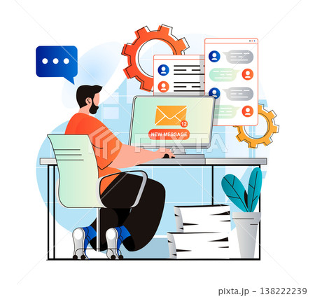 Email service concept in modern flat design. Man receives new letters and looks mail from computer. Online communication technology, business correspondence, promotional mailing. Vector illustration 138222239