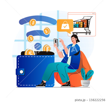 Online payment concept in modern flat design. Woman paying for purchases in mobile application and saving her money. Customer using contactless payment at smartphone in store. Vector illustration 138222256