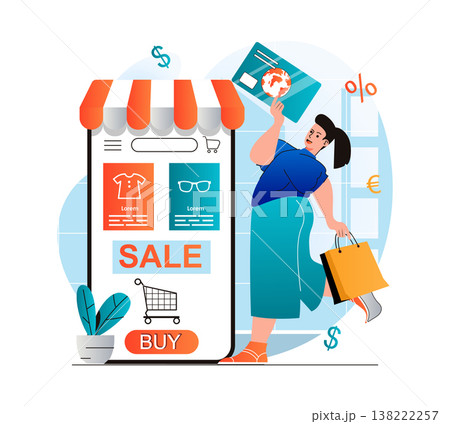 Online shopping concept in modern flat design. Woman buying and paying for goods in mobile application using credit card. Customer makes profitably purchases on store website. Vector illustration 138222257