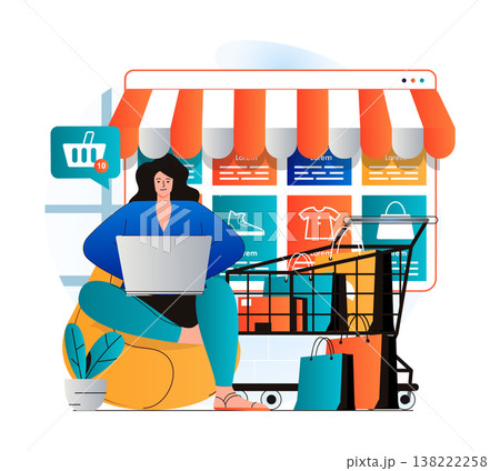 Online shopping concept in modern flat design. Woman chooses clothes and other goods using laptop, orders and pays for purchases on store website. Smart shopping and e-commerce. Vector illustration 138222258