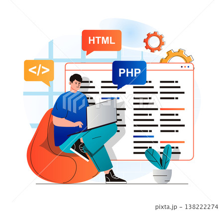 Programming working concept in modern flat design. Developer programs in html and php languages, creates software, working at laptop. Development, optimization and testing apps. Vector illustration Programming working concept in modern flat design. Developer programs in html and php languages, creates software, working at laptop. Development, optimization and testing apps. Vector illustration 138222274