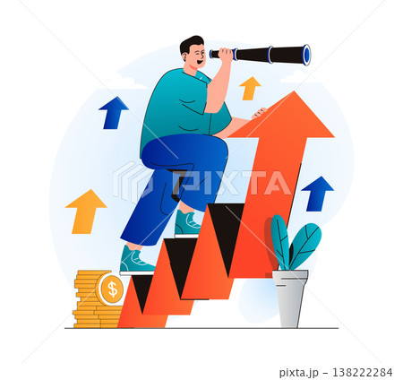 Searching opportunity concept in modern flat design. Man looks through spyglass and looks of new vacancies for professional growth. Leadership, successful business, profit growth. Vector illustration Searching opportunity concept in modern flat design. Man looks through spyglass and looks of new vacancies for professional growth. Leadership, successful business, profit growth. Vector illustration 138222284