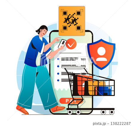 Secure payment concept in modern flat design. Woman pays for her purchases using bank transfer confirming transaction in mobile app. Customer paying in secure online banking. Vector illustration Secure payment concept in modern flat design. Woman pays for her purchases using bank transfer confirming transaction in mobile app. Customer paying in secure online banking. Vector illustration 138222287