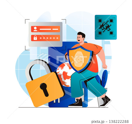 Secure payment concept in modern flat design. Man paying in into financial account using password and scanning fingerprint. Protection in mobile application of online banking. Vector illustration 138222288