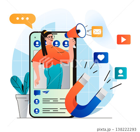 Social media marketing concept in modern flat design. Woman with megaphone attracting audience and making advertising campaign. Online promotion business in mobile applications. Vector illustration 138222293