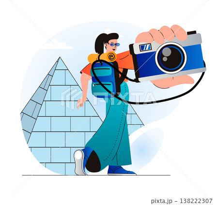 Traveling people concept in modern flat design. Woman traveler with backpack went on vacation and takes photo of Egypt pyramids. World tourism and sightseeing in tourist spots. Vector illustration Traveling people concept in modern flat design. Woman traveler with backpack went on vacation and takes photo of Egypt pyramids. World tourism and sightseeing in tourist spots. Vector illustration 138222307