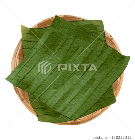 Fresh Green Banana Leaves Stacked in Bamboo Basket Tray Fresh Green Banana Leaves Stacked in Bamboo Basket Tray 138222316
