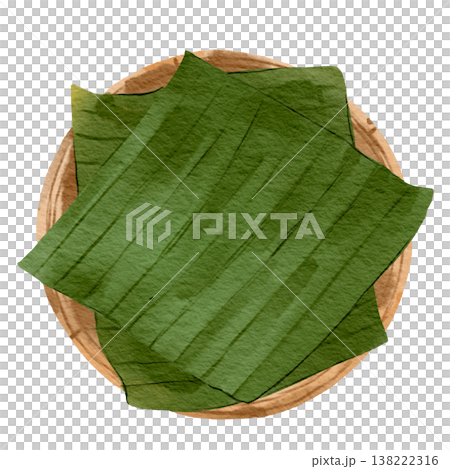 Fresh Green Banana Leaves Stacked in Bamboo Basket Tray Fresh Green Banana Leaves Stacked in Bamboo Basket Tray 138222316