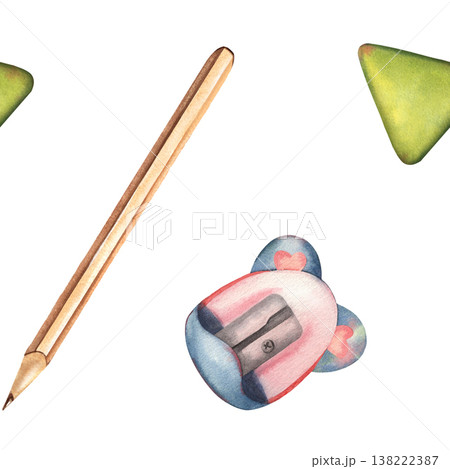 Seamless pattern with pencil, eraser, sharpener. Hand-painted watercolor illustration isolated on white background. Creative design ideal for school supplies, stationery, textiles, packaging, branding Seamless pattern with pencil, eraser, sharpener. Hand-painted watercolor illustration isolated on white background. Creative design ideal for school supplies, stationery, textiles, packaging, branding 138222387