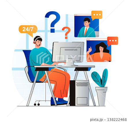 Virtual assistant concept in modern flat design. Man operator with headphones advises and helps clients around the clock using video calls at computer. Customer support service. Vector illustration 138222468