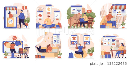 Online shopping collection of scenes isolated. People buy clothes, pay for purchases, receive orders, set in flat design. Vector illustration for blogging, website, mobile app, promotional materials. Online shopping collection of scenes isolated. People buy clothes, pay for purchases, receive orders, set in flat design. Vector illustration for blogging, website, mobile app, promotional materials. 138222486